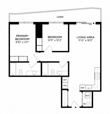 Floor plan for 2 beds, 2 baths, 892 sqft