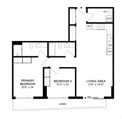 Floor plan for 2 beds, 2 baths, 922 sqft