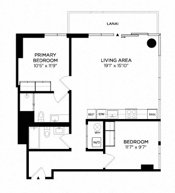 Floor plan for 2 beds, 2 baths, 937 sqft