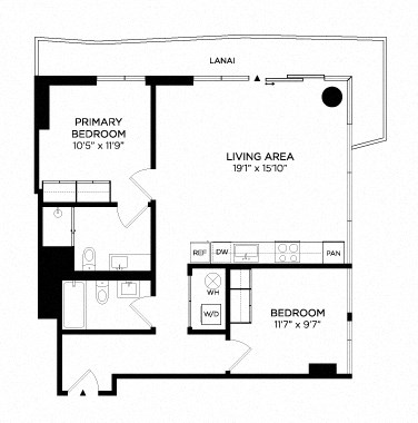 Floor plan for 2 beds, 2 baths, 937 sqft
