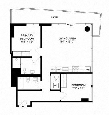 Floor plan for 2 beds, 2 baths, 937 sqft