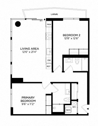 Floor plan for 2 beds, 2 baths, 1003 sqft