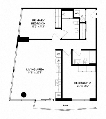Floor plan for 2 beds, 2 baths, 1086 sqft