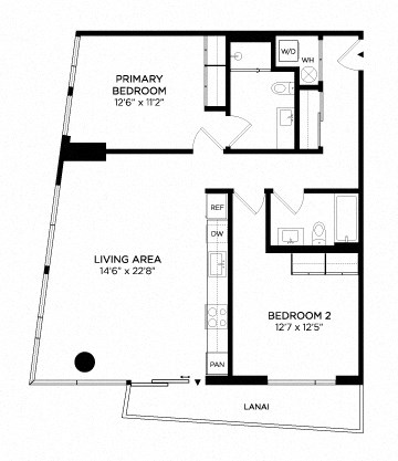 Floor plan for 2 beds, 2 baths, 1086 sqft