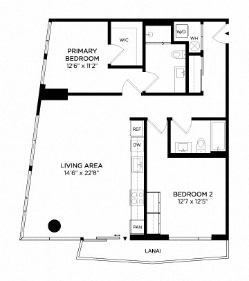Floor plan for 2 beds, 2 baths, 1086 sqft