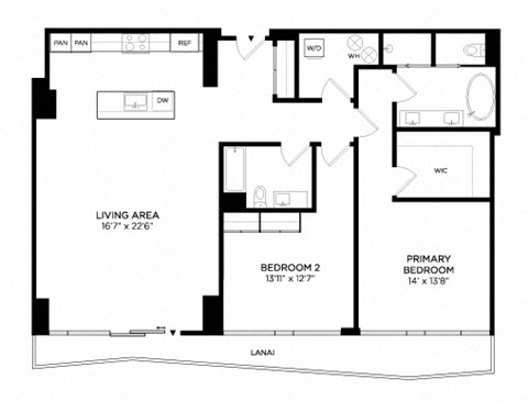Floor plan for 2 beds, 2 baths, 1577 sqft