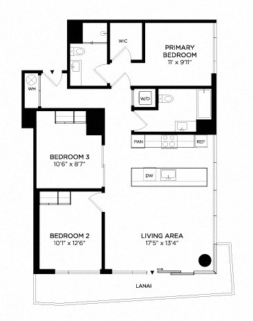 Floor plan for 3 beds, 2 baths, 1145 sqft