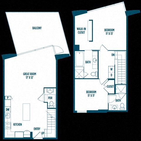 Floor plan for 2 beds, 2.5 baths, 1230 sqft