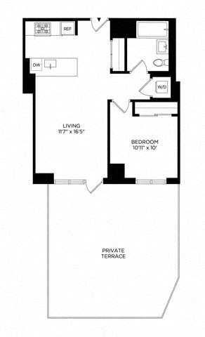 Floor plan for 1 bed, 1 bath, 625 sqft