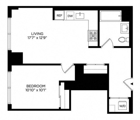 Floor plan for 1 bed, 1 bath, 626 sqft