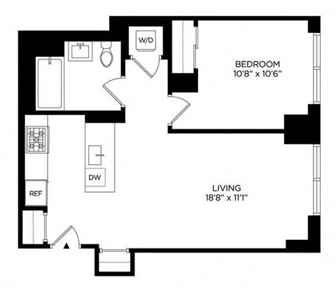 Floor plan for 1 bed, 1 bath, 642 sqft