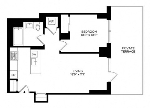 Floor plan for 1 bed, 1 bath, 642 sqft
