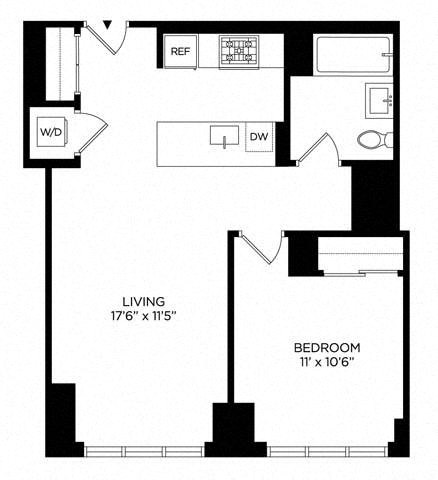 Floor plan for 1 bed, 1 bath, 642 sqft