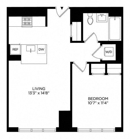Floor plan for 1 bed, 1 bath, 644 sqft