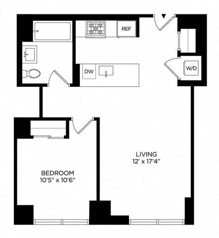 Floor plan for 1 bed, 1 bath, 654 sqft