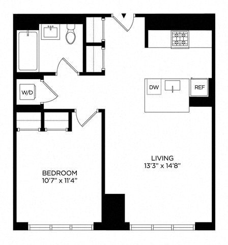 Floor plan for 1 bed, 1 bath, 658 sqft