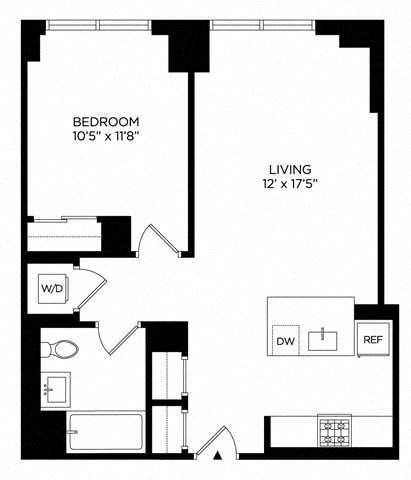 Floor plan for 1 bed, 1 bath, 671 sqft