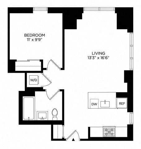 Floor plan for 1 bed, 1 bath, 672 sqft