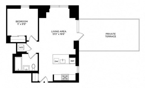 Floor plan for 1 bed, 1 bath, 672 sqft