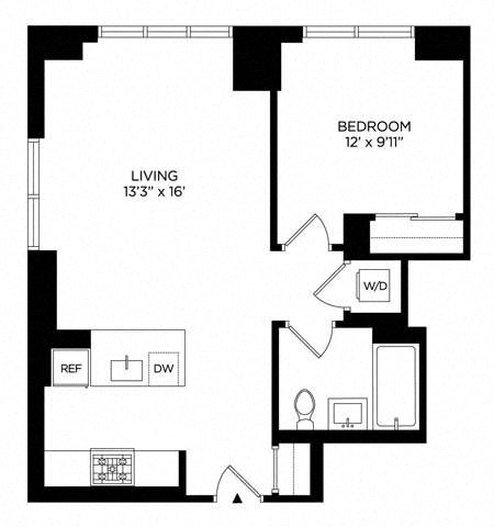 Floor plan for 1 bed, 1 bath, 674 sqft
