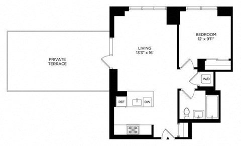 Floor plan for 1 bed, 1 bath, 674 sqft