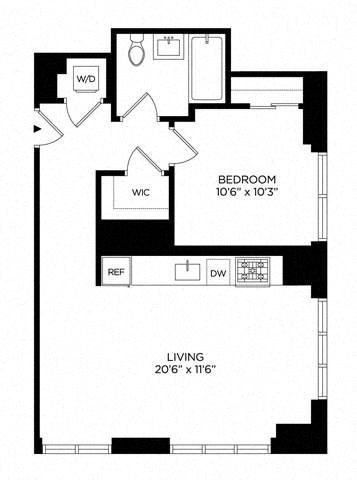 Floor plan for 1 bed, 1 bath, 674 sqft