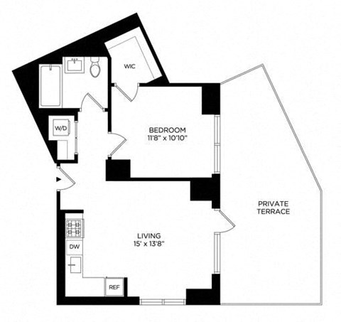 Floor plan for 1 bed, 1 bath, 674 sqft