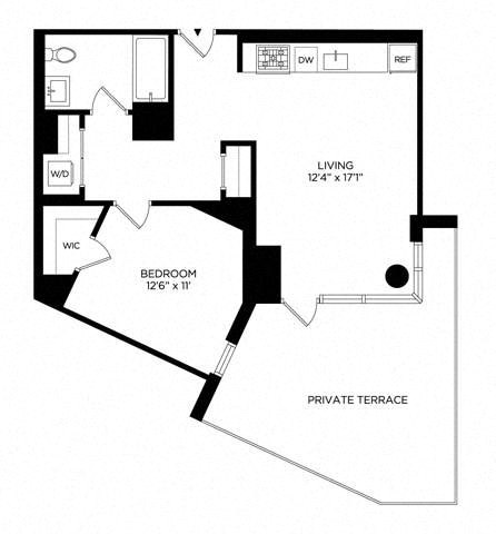 Floor plan for 1 bed, 1 bath, 677 sqft