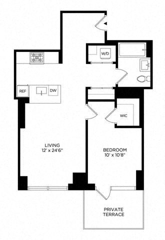 Floor plan for 1 bed, 1 bath, 695 sqft