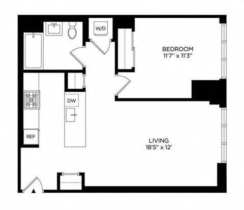 Floor plan for 1 bed, 1 bath, 698 sqft