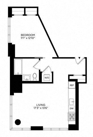 Floor plan for 1 bed, 1 bath, 704 sqft
