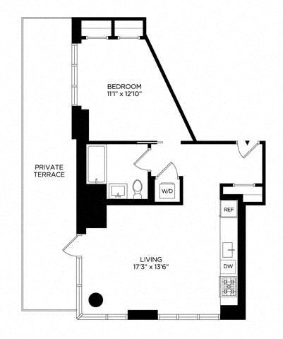 Floor plan for 1 bed, 1 bath, 704 sqft