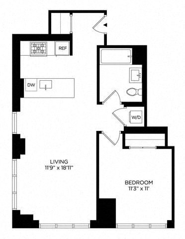 Floor plan for 1 bed, 1 bath, 707 sqft
