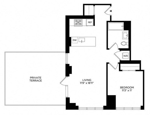 Floor plan for 1 bed, 1 bath, 707 sqft