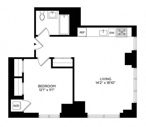 Floor plan for 1 bed, 1 bath, 709 sqft
