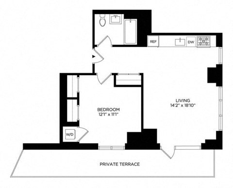 Floor plan for 1 bed, 1 bath, 709 sqft