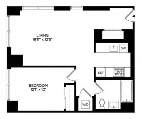 Floor plan for 1 bed, 1 bath, 710 sqft
