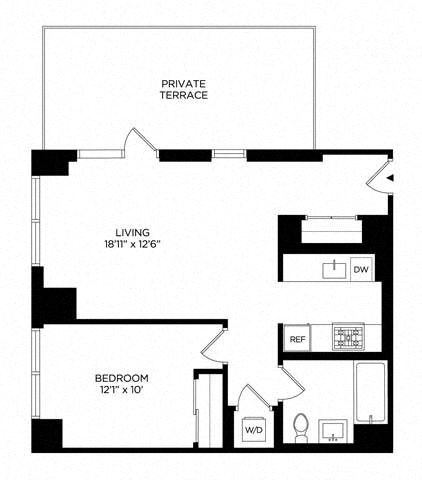 Floor plan for 1 bed, 1 bath, 710 sqft
