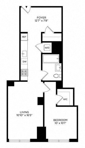 Floor plan for 1 bed, 1 bath, 711 sqft