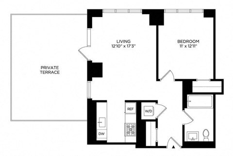 Floor plan for 1 bed, 1 bath, 711 sqft