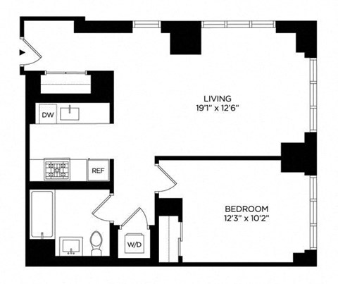 Floor plan for 1 bed, 1 bath, 711 sqft