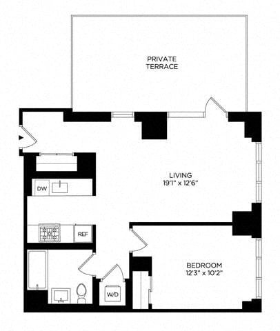 Floor plan for 1 bed, 1 bath, 711 sqft