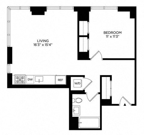 Floor plan for 1 bed, 1 bath, 714 sqft