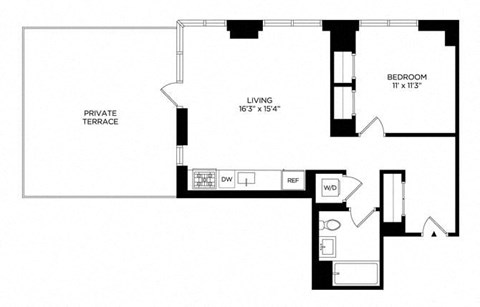Floor plan for 1 bed, 1 bath, 714 sqft