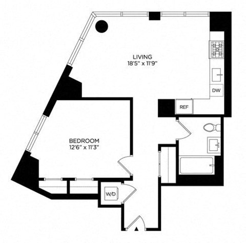 Floor plan for 1 bed, 1 bath, 727 sqft
