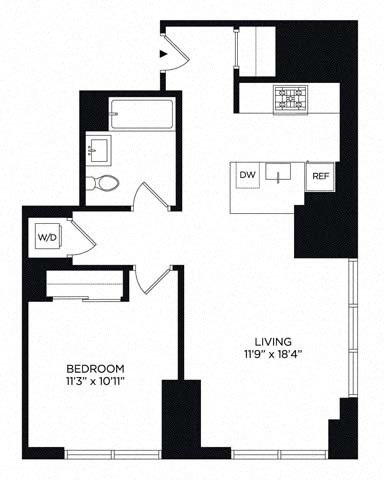 Floor plan for 1 bed, 1 bath, 733 sqft