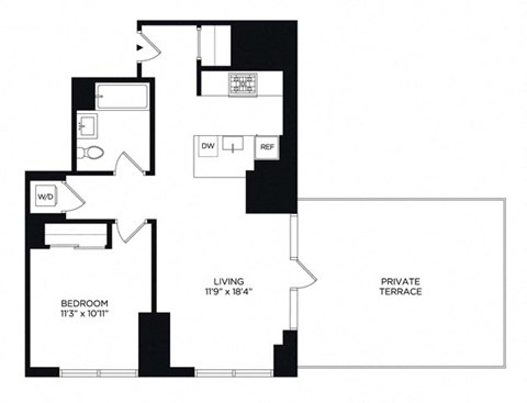 Floor plan for 1 bed, 1 bath, 733 sqft