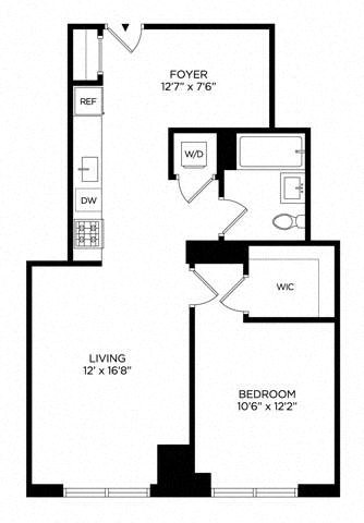 Floor plan for 1 bed, 1 bath, 734 sqft