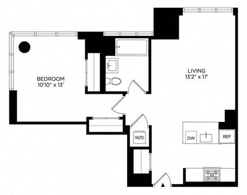 Floor plan for 1 bed, 1 bath, 742 sqft