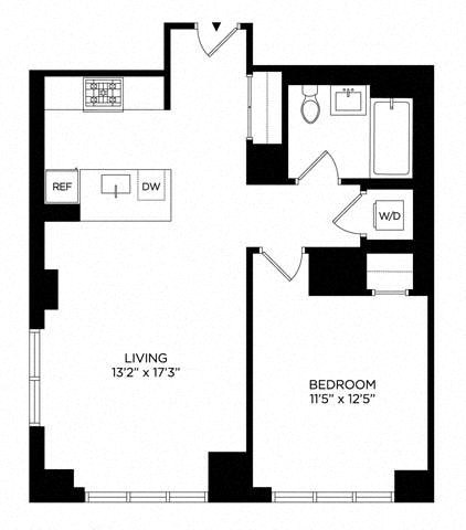 Floor plan for 1 bed, 1 bath, 752 sqft